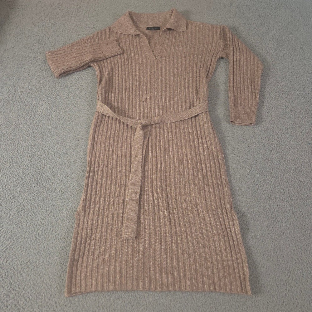Tahari Dress Womens Large Tan Ribbed Knit V-Neck Midi Sweater Long Sleeve Belted